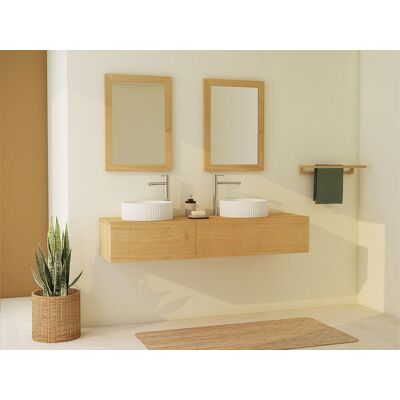 Unique Mueble de baño suspendido estriado de madera de mindi con doble lavabo sobrepuesto de cerámica - 150 cm - TIDORE Unique Mueble de baño suspendido estriado de madera de mindi con doble lavabo sobrepuesto de cerámica - 150 cm - TIDORE