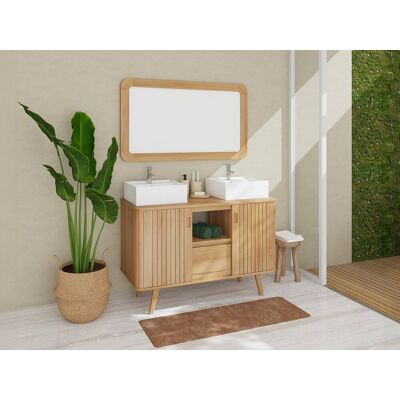 Unique Mueble de baño con patas de teca y doble lavabo cuadrado de cerámica sobre encimera - 120 cm - WAMENA Unique Mueble de baño con patas de teca y doble lavabo cuadrado de cerámica sobre encimera - 120 cm - WAMENA