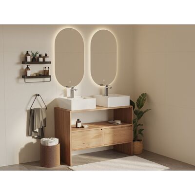 Unique Mueble de baño de roble macizo con lavabo sobre encimera cuadrado - Natural claro - 110 cm - CAVIZO Unique Mueble de baño de roble macizo con lavabo sobre encimera cuadrado - Natural claro - 110 cm - CAVIZO
