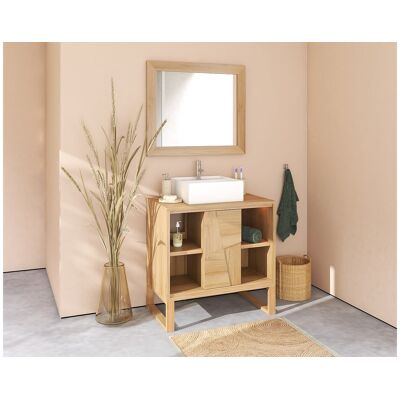 Unique Mueble de baño con patas de teca con lavabo cuadrado de cerámica sobre encimera - An. 80 cm - MATARAM Unique Mueble de baño con patas de teca con lavabo cuadrado de cerámica sobre encimera - An. 80 cm - MATARAM