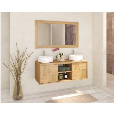Unique Mueble de baño suspendido de teca con lavabo redondo de cerámica sobre encimera - An. 120 cm - SUMBAWA Unique Mueble de baño suspendido de teca con lavabo redondo de cerámica sobre encimera - An. 120 cm - SUMBAWA