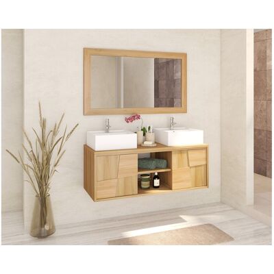 Unique Mueble de baño suspendido de teca con doble lavabo cuadrado de cerámica sobre encimera - An. 120 cm - SUMBAWA Unique Mueble de baño suspendido de teca con doble lavabo cuadrado de cerámica sobre encimera - An. 120 cm - SUMBAWA