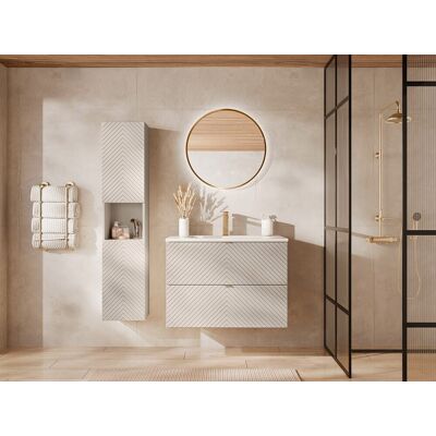 Unique Mueble de baño suspendido en espiga con lavabo encastrado y columna - Beige - 80 cm - DORIONI Unique Mueble de baño suspendido en espiga con lavabo encastrado y columna - Beige - 80 cm - DORIONI