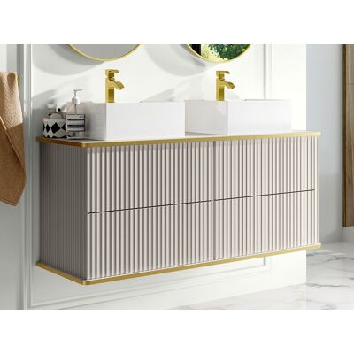 Unique Mueble de baño suspendido estriado con ribete dorado y doble lavabo sobre encimera cuadrado - Beige - 120 cm - KELIZA Unique Mueble de baño suspendido estriado con ribete dorado y doble lavabo sobre encimera cuadrado - Beige - 120 cm - KELIZA