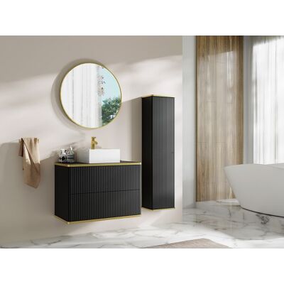 Unique Mueble de baño suspendido estriado con lavabo sobre encimera cuadrado y columna - Negro - 80 cm - KELIZA Unique Mueble de baño suspendido estriado con lavabo sobre encimera cuadrado y columna - Negro - 80 cm - KELIZA