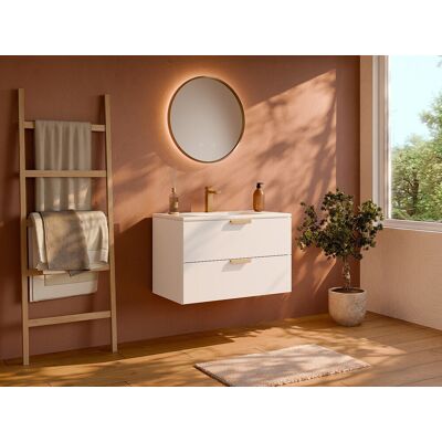Unique Mueble de baño suspendido con lavabo encastrado, grifo y espejo - Blanco - A80 cm - AVORELI Unique Mueble de baño suspendido con lavabo encastrado, grifo y espejo - Blanco - A80 cm - AVORELI