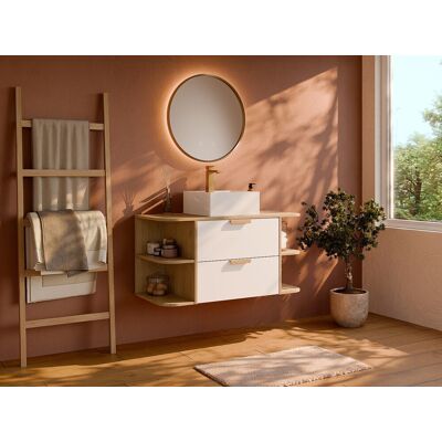 Unique Mueble de baño suspendido con compartimentos y lavabo sobre encimera cuadrado - Blanco y natural claro - A100 cm - AVORELI Unique Mueble de baño suspendido con compartimentos y lavabo sobre encimera cuadrado - Blanco y natural claro - A100 cm - AVORELI