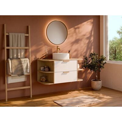 Unique Mueble de baño suspendido con compartimentos y lavabo sobre encimera redondo - Blanco y natural claro - A100 cm - AVORELI Unique Mueble de baño suspendido con compartimentos y lavabo sobre encimera redondo - Blanco y natural claro - A100 cm - AVORELI