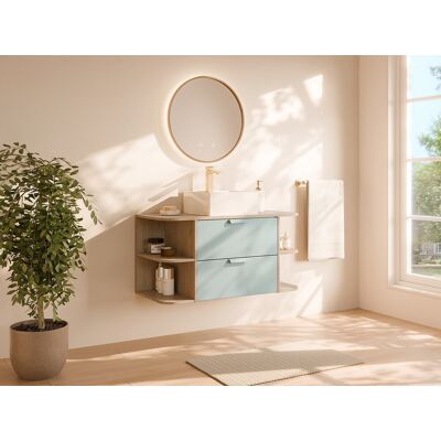 Unique Mueble de baño suspendido con compartimentos y lavabo sobre encimera cuadrado - Verde almendra y natural claro - A100 cm - AVORELI Unique Mueble de baño suspendido con compartimentos y lavabo sobre encimera cuadrado - Verde almendra y natural claro - A100 cm - AVORELI
