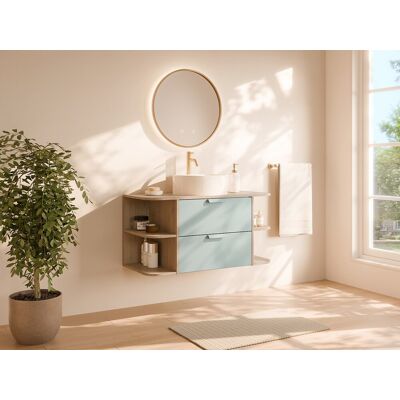 Unique Mueble de baño suspendido con compartimentos y lavabo sobre encimera redondo - Verde almendra y natural claro - A100 cm - AVORELI Unique Mueble de baño suspendido con compartimentos y lavabo sobre encimera redondo - Verde almendra y natural claro - A100 cm - AVORELI