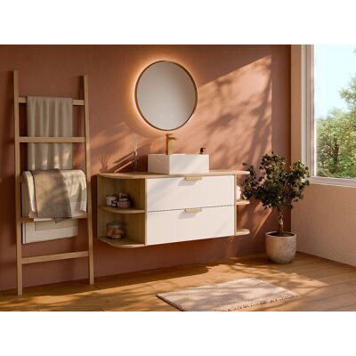 Unique Mueble de baño suspendido con estantes, lavabo independiente cuadrado y grifo - Blanco y color natural claro - An. 120 cm - AVORELI Unique Mueble de baño suspendido con estantes, lavabo independiente cuadrado y grifo - Blanco y color natural claro - An. 120 cm - AVORELI