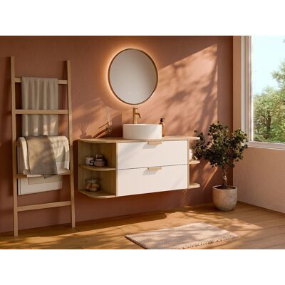 Unique Mueble de baño suspendido con estantes y lavabo independiente redondo - Blanco y color natural claro - An. 120 cm - AVORELI Unique Mueble de baño suspendido con estantes y lavabo independiente redondo - Blanco y color natural claro - An. 120 cm - AVORELI