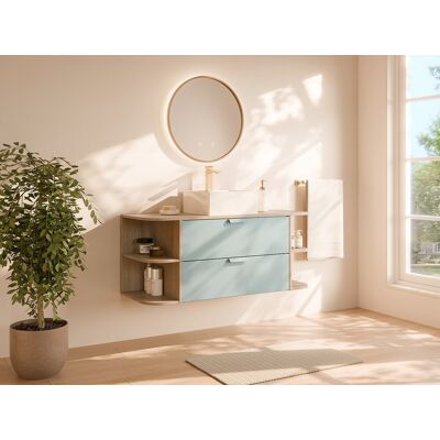 Unique Mueble lavabo suspendido con compartimentos y lavabo independiente cuadrado - Verde almendra y color natural claro - An. 120 cm - AVORELI Unique Mueble lavabo suspendido con compartimentos y lavabo independiente cuadrado - Verde almendra y color natural claro - An. 120 cm - AVORELI
