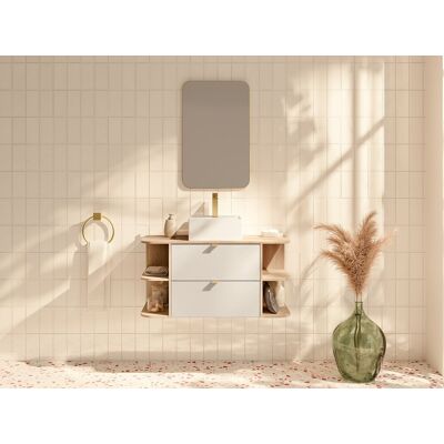 Unique Mueble lavabo suspendido con estantes y lavabo independiente cuadrado - Beige y color natural claro - 100 cm - LAVENA Unique Mueble lavabo suspendido con estantes y lavabo independiente cuadrado - Beige y color natural claro - 100 cm - LAVENA