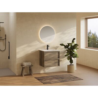 Unique Mueble de baño suspendido con lavabo encastrable - Natural oscuro - 60 cm - UBRILA Unique Mueble de baño suspendido con lavabo encastrable - Natural oscuro - 60 cm - UBRILA