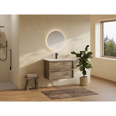 Unique Mueble de baño suspendido con lavabo encastrado - Color natural oscuro - 80 cm - UBRILA Unique Mueble de baño suspendido con lavabo encastrado - Color natural oscuro - 80 cm - UBRILA