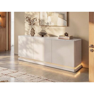 Unique Aparador de 3 puertas con LEDs de MDF - Beige y efecto mármol blanco - DEVIKA Unique Aparador de 3 puertas con LEDs de MDF - Beige y efecto mármol blanco - DEVIKA