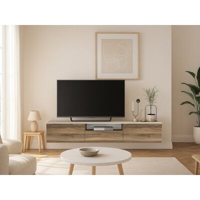 Unique Mueble TV suspendido con 3 puertas y 1 hueco - Natural oscuro y efecto travertino beige - LOTULA Unique Mueble TV suspendido con 3 puertas y 1 hueco - Natural oscuro y efecto travertino beige - LOTULA