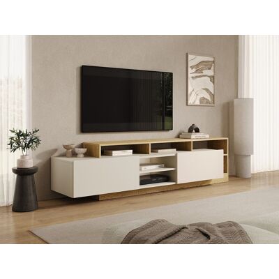 Unique Mueble bajo de TV con 2 puertas y 6 compartimentos con LEDs - Beige y color natural claro IDESIA Unique Mueble bajo de TV con 2 puertas y 6 compartimentos con LEDs - Beige y color natural claro IDESIA