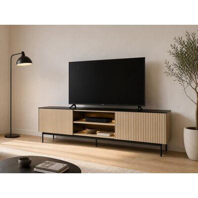 Unique Mueble TV 2 puertas y 2 estantes con LEDs en MDF y vidrio ahumado - Natural claro y Negro - SAYERA Unique Mueble TV 2 puertas y 2 estantes con LEDs en MDF y vidrio ahumado - Natural claro y Negro - SAYERA