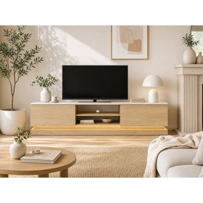 Unique Mueble TV 2 cajones y 2 huecos con LEDs en MDF - Natural claro y efecto mármol blanco - DEVIKA Unique Mueble TV 2 cajones y 2 huecos con LEDs en MDF - Natural claro y efecto mármol blanco - DEVIKA