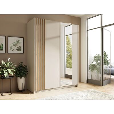 Unique Armario 2 puertas correderas - Con espejo - Ancho 150cm - Beige y natural - CALELA Unique Armario 2 puertas correderas - Con espejo - Ancho 150cm - Beige y natural - CALELA