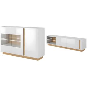 Unique Conjunto aparador y mueble TV blanco brillante y natural - Comedor luminoso MURARI