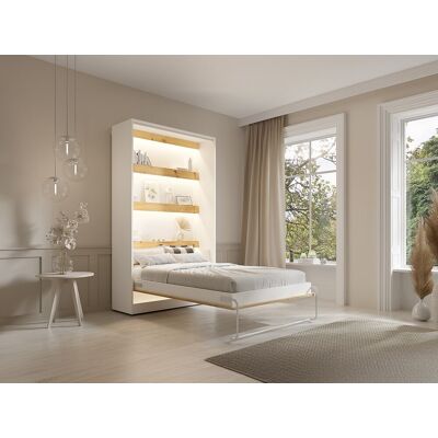 Unique Cama abatible 120 x 200 cm - Apertura vertical manual - Con LEDs - blanco y natural + Colchón - RAPILI Unique Cama abatible 120 x 200 cm - Apertura vertical manual - Con LEDs - blanco y natural + Colchón - RAPILI