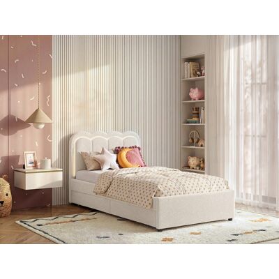 Unique Cama 90 x 190 cm con 2 cajones - Con LEDs - Tela bouclé - Crema + Colchón - NESTIAKO Unique Cama 90 x 190 cm con 2 cajones - Con LEDs - Tela bouclé - Crema + Colchón - NESTIAKO