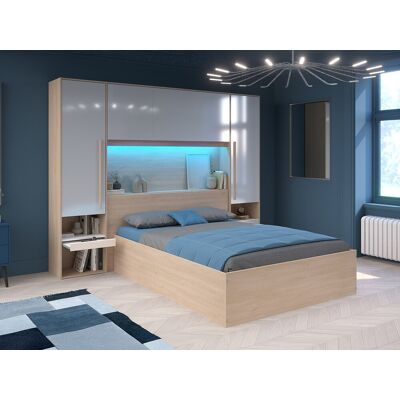 Unique Canapé abatible 140 x 190 cm con puente de cama - Con LEDs - Blanco brillante y natural - VELONA Unique Canapé abatible 140 x 190 cm con puente de cama - Con LEDs - Blanco brillante y natural - VELONA