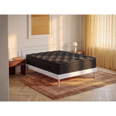 Unique Conjunto colchón y somier 140 x 190 cm - Somier tapizado - Colchón híbrido con muelles ensacados, pillow top integrado y tela de rayas negro, 30 cm de grosor - GAMIANI de YSMÉE Unique Conjunto colchón y somier 140 x 190 cm - Somier tapizado - Colchón híbrido con muelles ensacados, pillow top integrado y tela de rayas negro, 30 cm de grosor - GAMIANI de YSMÉE