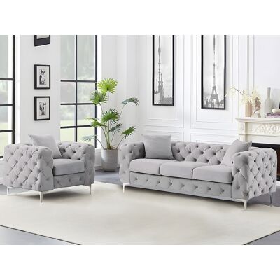 Unique Sofá de 3 plazas y sillón de terciopelo gris claro EDWINA Unique Sofá de 3 plazas y sillón de terciopelo gris claro EDWINA