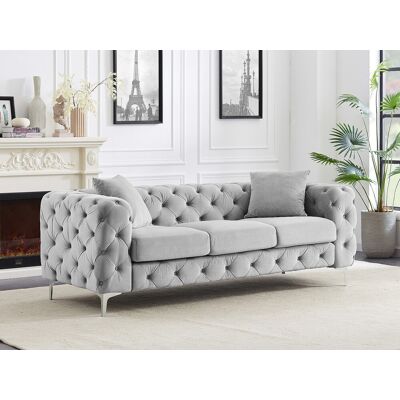 Unique Sofá de 3 plazas Chesterfield de terciopelo gris claro EDWINA Unique Sofá de 3 plazas Chesterfield de terciopelo gris claro EDWINA