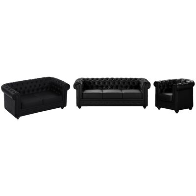 Unique Sofás de 3 plazas, 2 plazas y sillón en imitación cuero negro CHESTERFIELD Unique Sofás de 3 plazas, 2 plazas y sillón en imitación cuero negro CHESTERFIELD