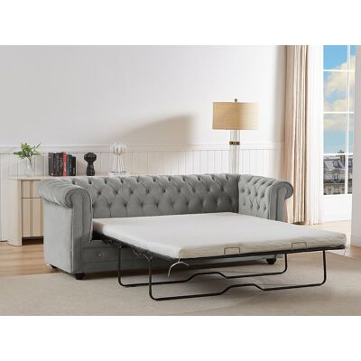 Unique Sofá cama 3 plazas de terciopelo gris claro CHESTERFIELD Unique Sofá cama 3 plazas de terciopelo gris claro CHESTERFIELD