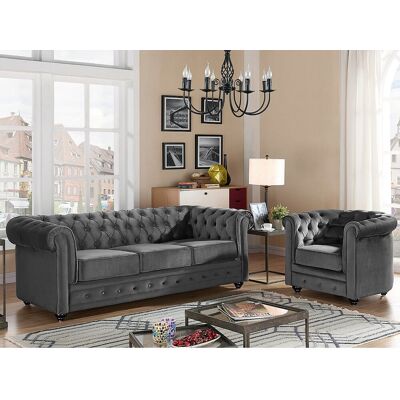 Unique Sofá de 2 plazas de terciopelo negro con botones de efecto cristal CHESTERFIELD Unique Sofá de 2 plazas de terciopelo negro con botones de efecto cristal CHESTERFIELD
