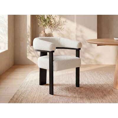 Unique Silla con reposabrazos en tela bouclé y madera de hevea - Blanco y negro - LIVELIA Unique Silla con reposabrazos en tela bouclé y madera de hevea - Blanco y negro - LIVELIA