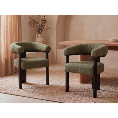Unique Conjunto de 6 sillas con reposabrazos en tela bouclé y madera de hevea - Verde caqui y negro - LIVELIA de Pascal MORABITO Unique Conjunto de 6 sillas con reposabrazos en tela bouclé y madera de hevea - Verde caqui y negro - LIVELIA de Pascal MORABITO