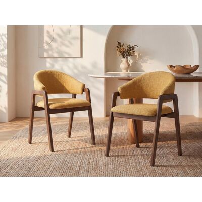 Unique Conjunto de 2 sillas con reposabrazos en tejido texturizado y madera de hevea - Amarillo y natural oscuro - SOLUNA Unique Conjunto de 2 sillas con reposabrazos en tejido texturizado y madera de hevea - Amarillo y natural oscuro - SOLUNA