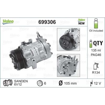 VALEO SD6V12 Compresor de Aire Acondicionado - 120cc, 12V, Aceite PAG 46 VALEO SD6V12 Compresor de Aire Acondicionado - 120cc, 12V, Aceite PAG 46