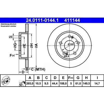 Disco de Freno Renault ATE - 265mm, 10.5mm, 5 Agujeros - Disco de Freno Disco de Freno Renault ATE - 265mm, 10.5mm, 5 Agujeros - Disco de Freno