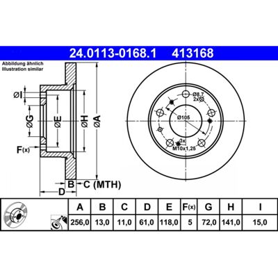 Disco de freno Ate - 256mm - Tipo completo - 141mm interno - 61mm altura Disco de freno Ate - 256mm - Tipo completo - 141mm interno - 61mm altura