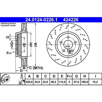 Disco de freno ATE Modelo 24.0124-0226.1 - perforado y ventilado 112mm Disco de freno ATE Modelo 24.0124-0226.1 - perforado y ventilado 112mm