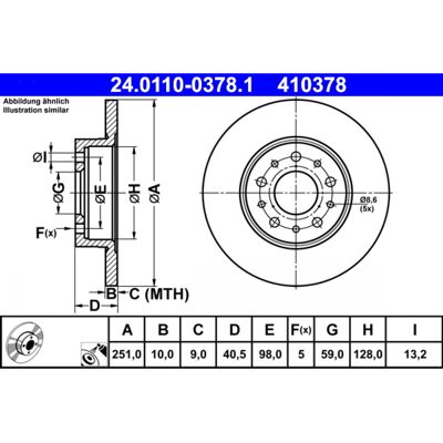 Disco de freno ATE - 24.0110-0378.1 - Sólido, 251mm Ø, 128mm Ø interno, 10mm de grosor Disco de freno ATE - 24.0110-0378.1 - Sólido, 251mm Ø, 128mm Ø interno, 10mm de grosor