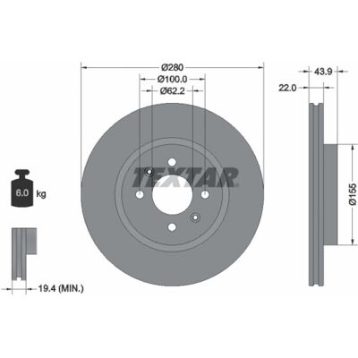 TEXTAR KIA RIO Disco de Freno - Ventilado 280mm, 22mm, Centro 62.2mm TEXTAR KIA RIO Disco de Freno - Ventilado 280mm, 22mm, Centro 62.2mm