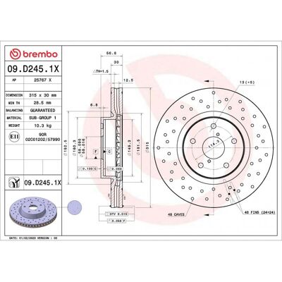 BREMBO 09.D245.1X Disco de freno - Perforado/ventilado para Subaru BREMBO 09.D245.1X Disco de freno - Perforado/ventilado para Subaru