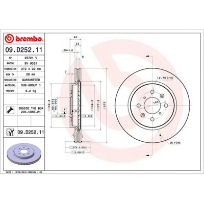Disco de freno BREMBO 09.D252.21 - Sistema de Frenos Disco de freno BREMBO 09.D252.21 - Sistema de Frenos