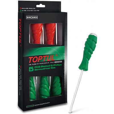 Juego de destornilladores TOPTUL 5 pzas - PH1, PH2 - 5.5x125, 6.5x150, 5x100mm Juego de destornilladores TOPTUL 5 pzas - PH1, PH2 - 5.5x125, 6.5x150, 5x100mm