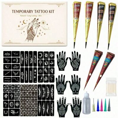 SHEIN Set de 4/6 plantillas de tatuaje, Pasta de tatuaje herbario Kaveri/Goresha de 3 colores, con guantes y pincel, diseño de arte corporal DIY, adecuado para regalo de fiesta para mujeres y hombres SHEIN Set de 4/6 plantillas de tatuaje, Pasta de tatuaje herbario Kaveri/Goresha de 3 colores, con guantes y pincel, diseño de arte corporal DIY, adecuado para regalo de fiesta para mujeres y hombres
