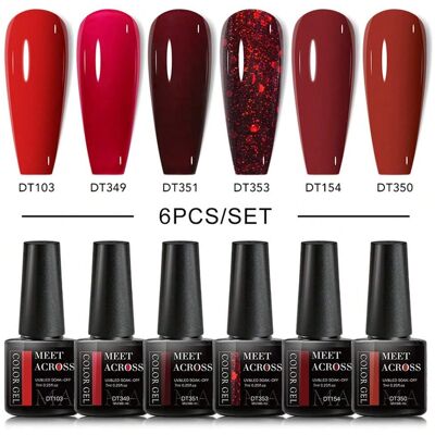 SHEIN Set de 6 esmaltes de uñas de gel de color rojo, incluye esmalte de uñas de gel con brillo otoñal, UV LED, arte de uñas, barniz semipermanente, base y top coat SHEIN Set de 6 esmaltes de uñas de gel de color rojo, incluye esmalte de uñas de gel con brillo otoñal, UV LED, arte de uñas, barniz semipermanente, base y top coat